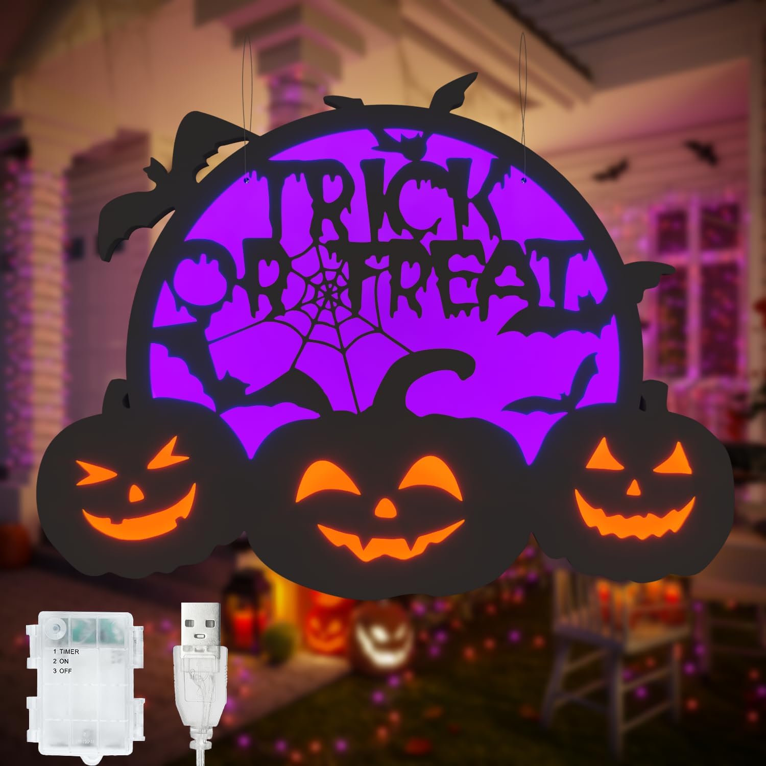 Halloween Pumpkin Lights, LED Connected Jack O Lantern With Light Up Purple Moons, Bat Spider Web & Trick or Treat Wording, USB & Battery Powered With Timer, Halloween Decorations Kids Wall Window Art