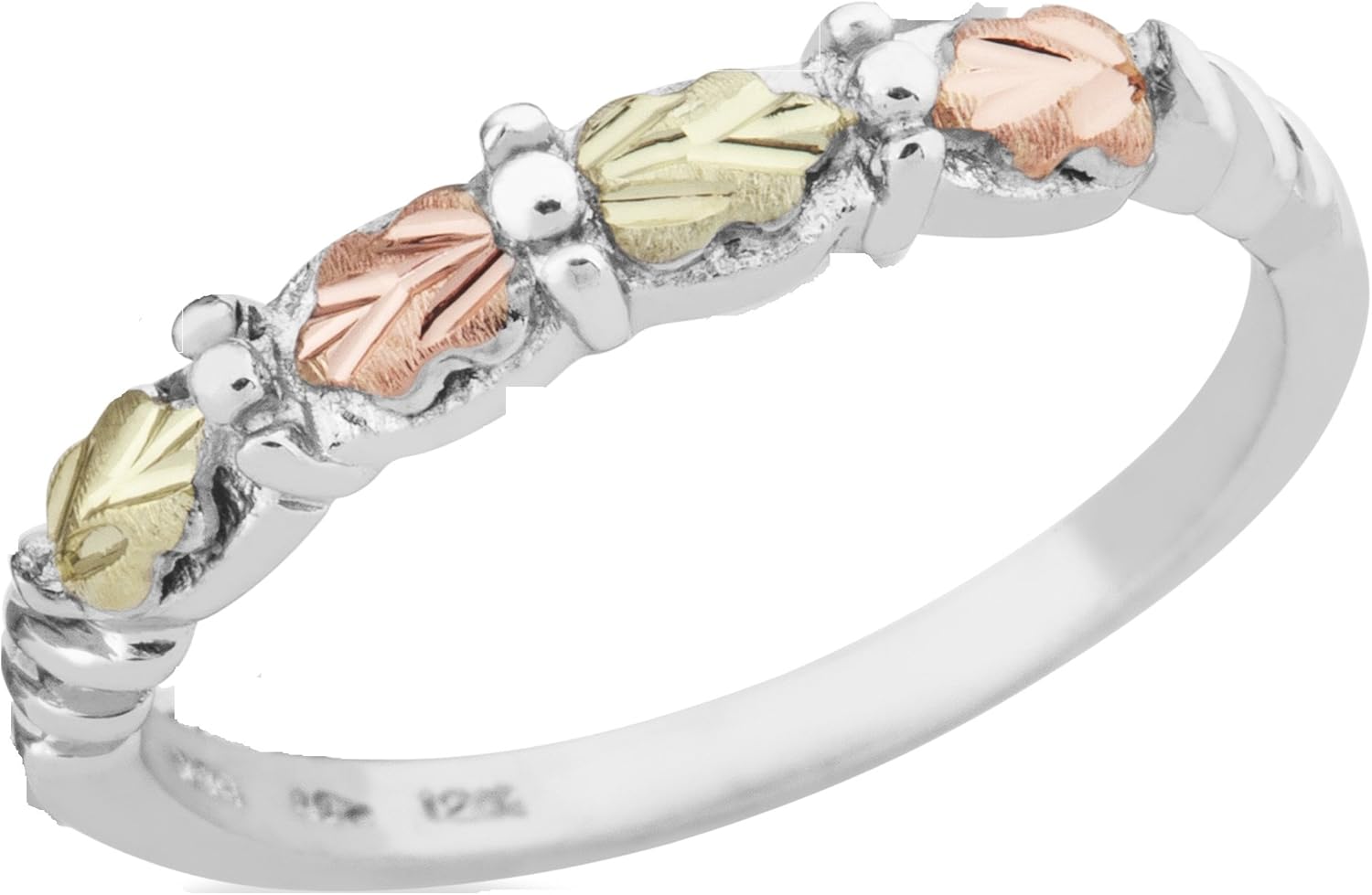 Wedding Band Ring, Sterling Silver, 12k Green and Rose Gold Black Hills Gold Motif