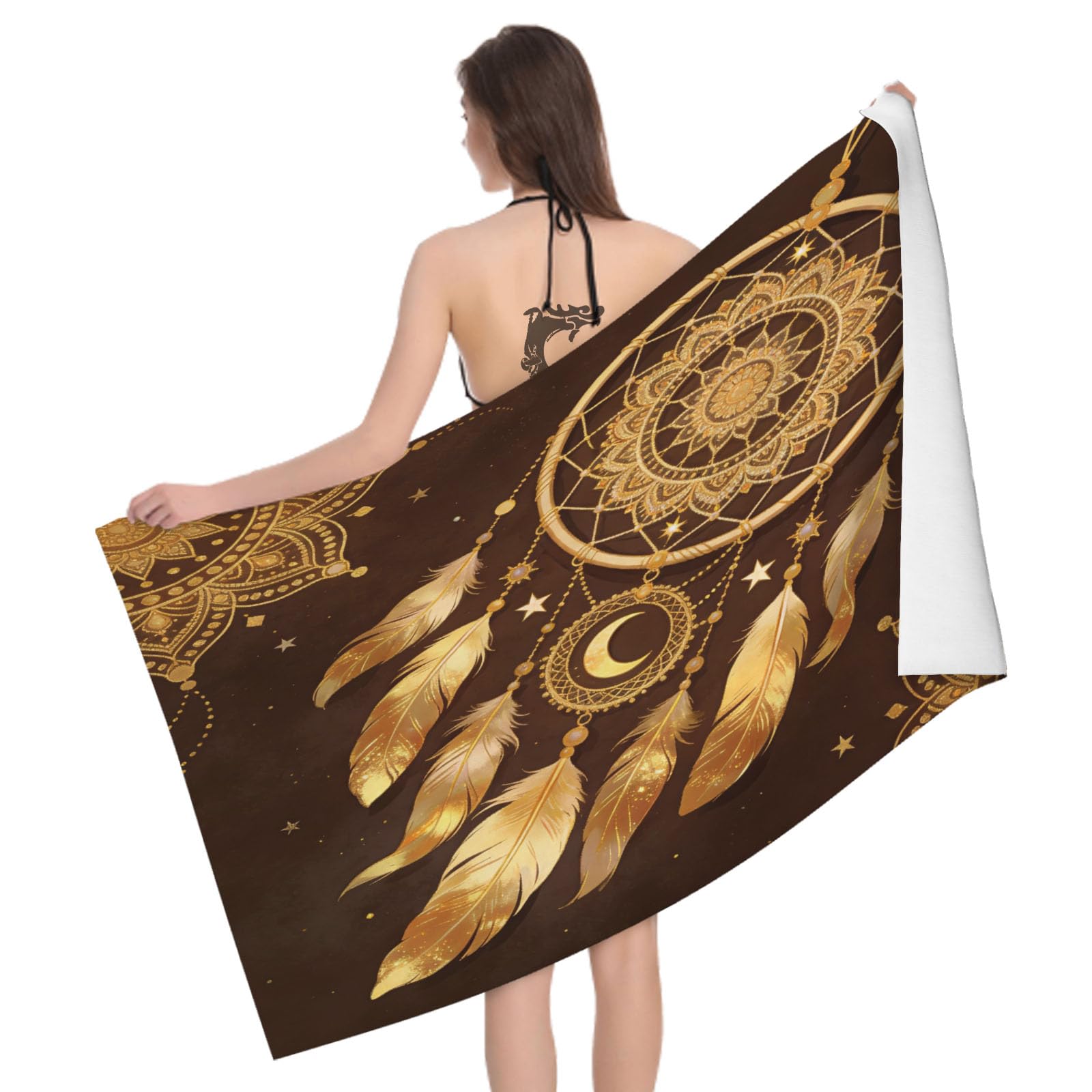 Leichong 3D Golden Dreamcatcher Beach Towel Microfiber Soft Quick Dry for Adults, Exotic Print Bath Towel Lightweight Soft Absorbent for Travel Swimming Pool Sports, 75 x 150 cm