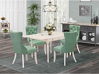 Gothic Grandeur Dining Table Set Consists of a Rectangle Kitchen Table with Dropleaf and Padded Chairs, Linen White, Modern Dining Table Set for Small Spaces Willow Green/5 Piece