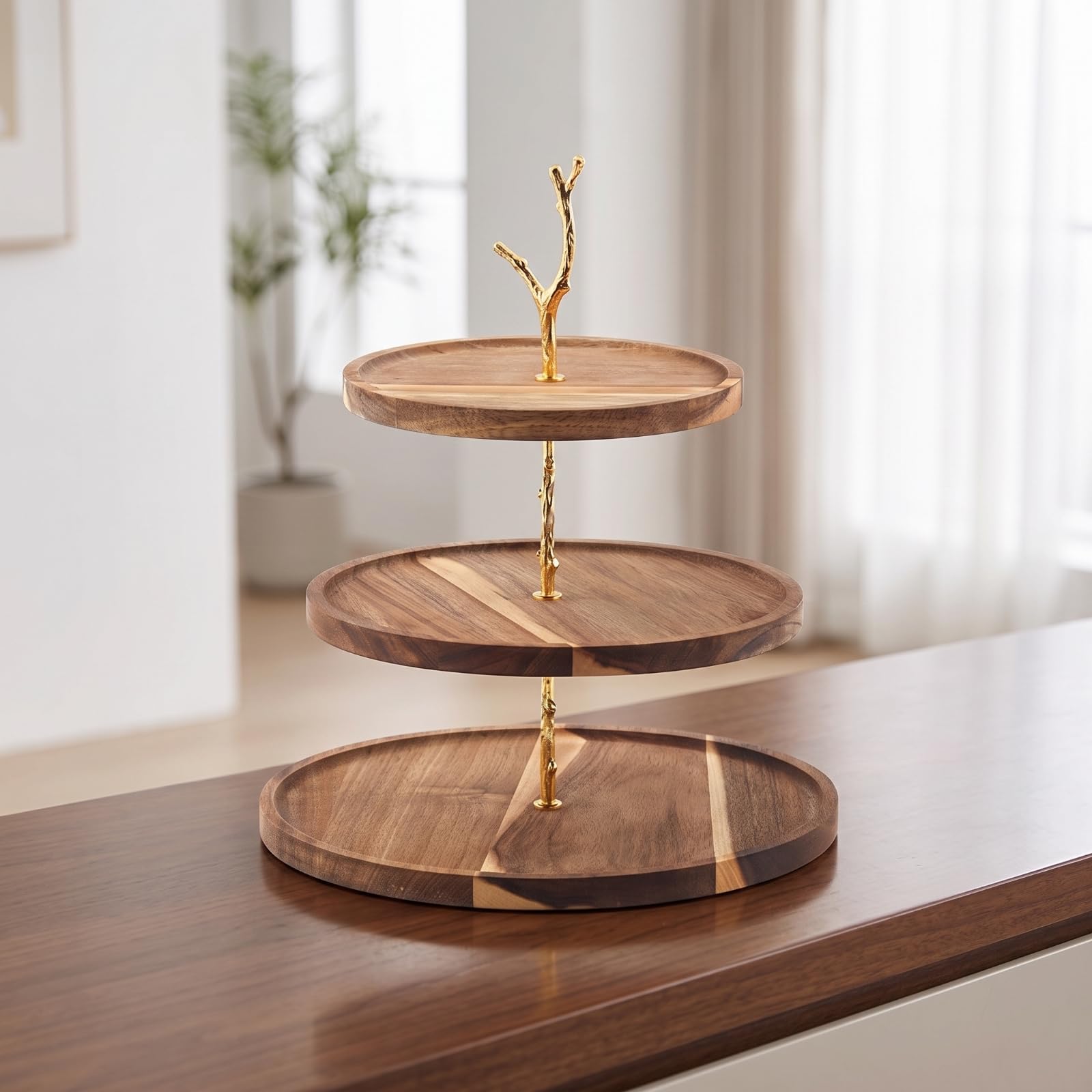 Alzata in Legno con Supporto in Metallo Dorato Alzata a 3 Livelli Vintage Etagere a 3 Livelli per Pasticceria