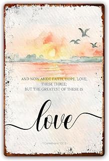 IJDHJJB And Now Abide Faith, Hope, Love Metal Tin Sign Bible Verse Poster Encouraging Baptism Gift Christian Wall Pictures 8"x12"