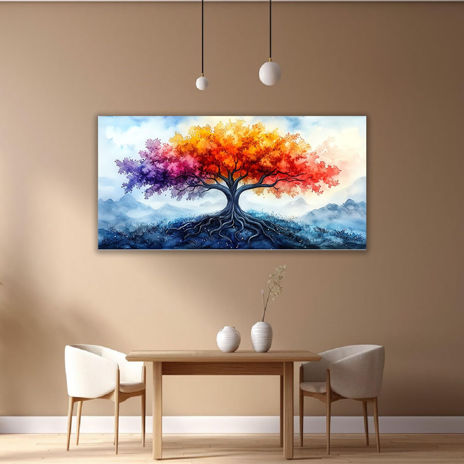 TERUEA Vintage Blumenkunst Poster, Farbverlauf Baum Aquarell Berg Kunst Leinwand Wanddekoration für Wohnzimmer, Schlafzimmer, Badezimmer, Büro, Flur, Küche, geeignet(Multi)-40x80cm1 Gerahmt