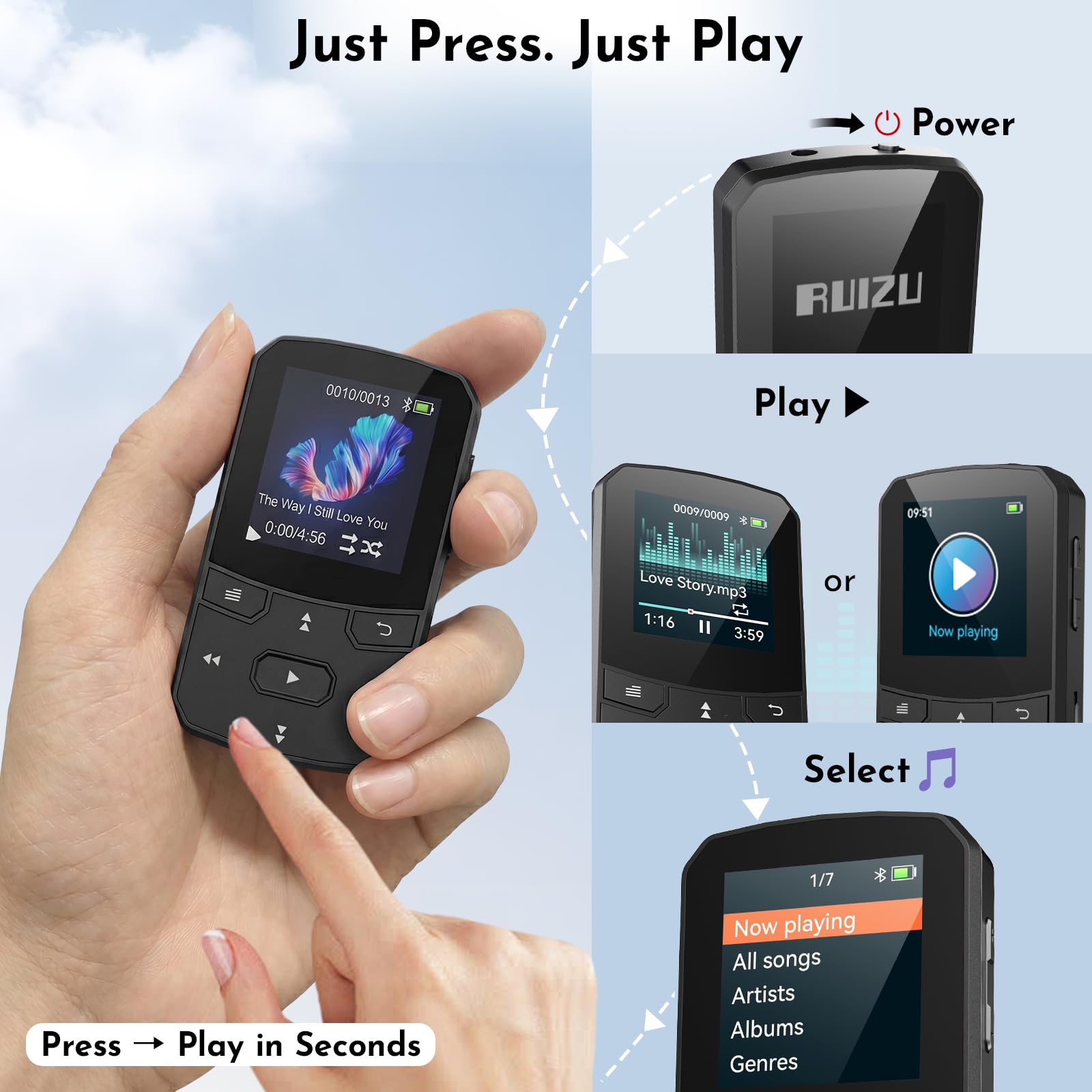 Odtwarzacz MP3 32 GB z Bluetooth 5.3, klips, lekki 29 g, radio FM i obsługa ślepa