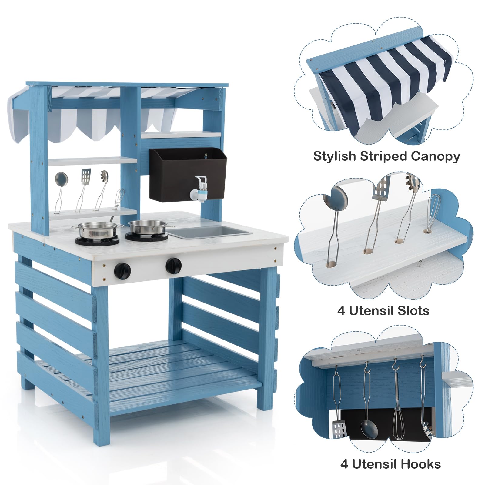 HOMASIS 2 in 1 Cucina per Bambini in Legno a Doppia Faccia, Giocattolo di Imitazione con Tettoia, Lavello Removibile, Rubinetto, Set da Cucinetta per Bambini di 3 Anni in su (Blu)