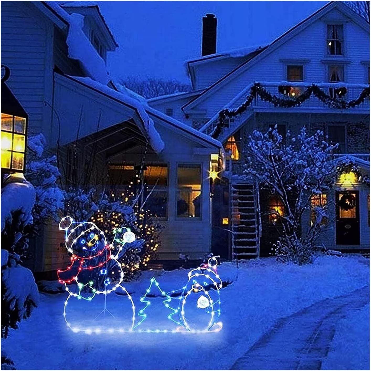 Funny Snowman Light with Frame Outdoor Christmas Decorations Animated Snowman Snowball Fight Active Light for Yard Garden Patio Outdoor Decor (Color : B)