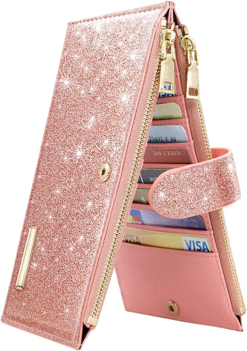 Womens RFID Blocking Large Capacity Wallet Multi Card Organizer Bifold Wallet for Women with Zipper Pocket, Rose Gold Glitter, long purse, Casual