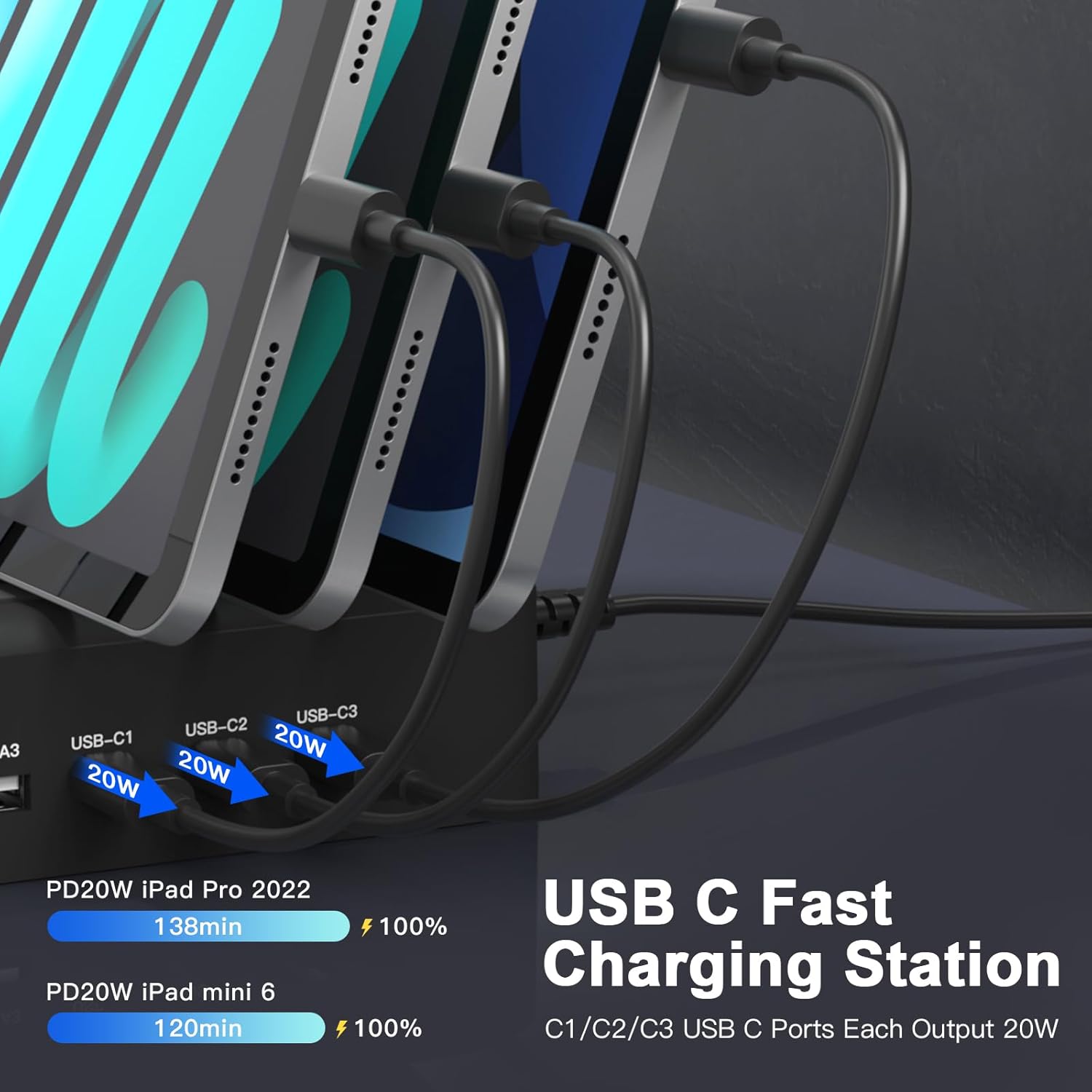 MSTJRY 90W 6-Port USB C Fast Charging Station for Multiple Devices, Multi PD Charger Station for iPhone iPad Tablet Phone, Charging Dock Organizer with Adjustable Dividers for Home Office Classroom
