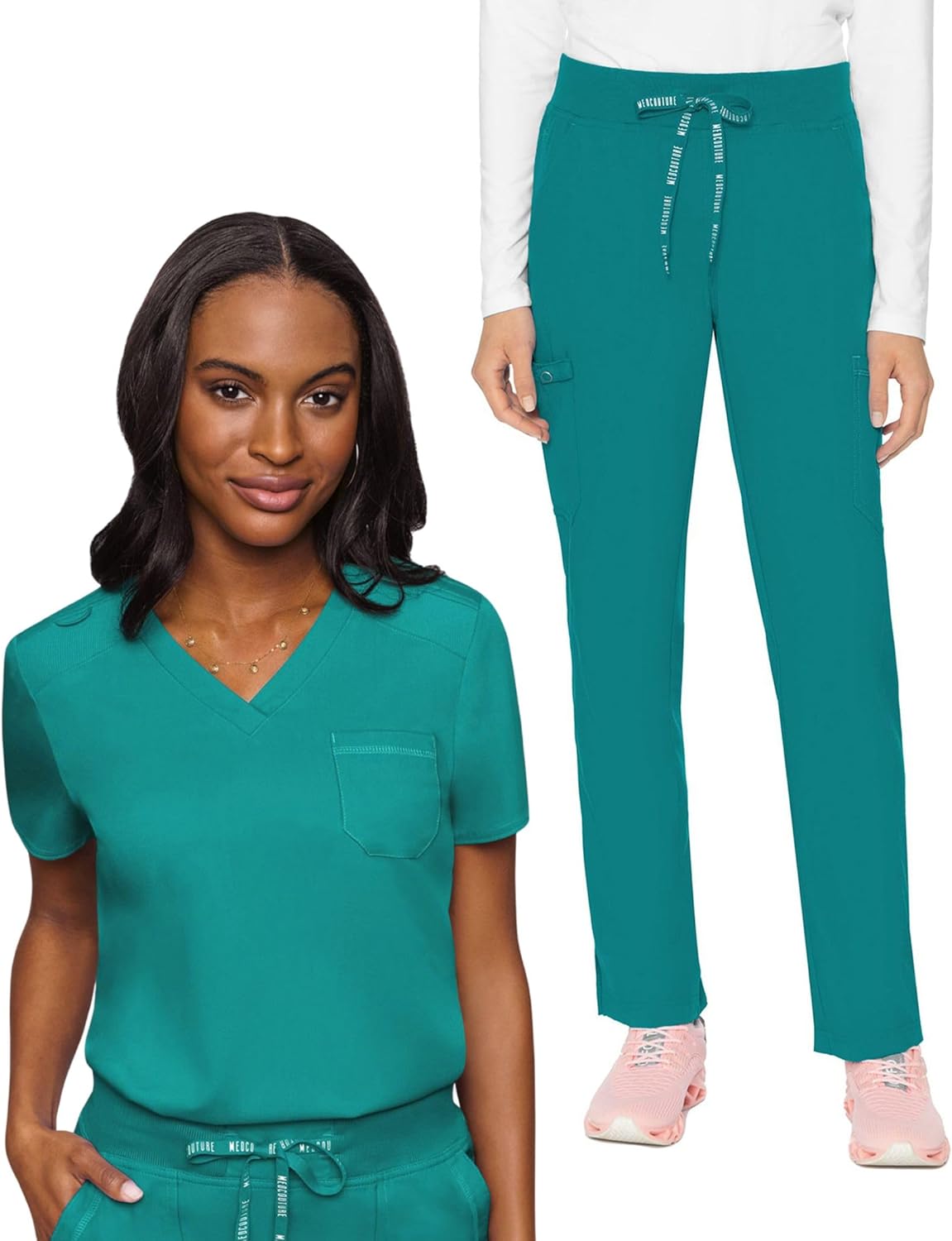 Med Couture Touch Scrub Set for Women V-Neck Top MC7448 & 6-Pocket Yoga Waist Pant, Ultra Soft Stretch Medical Uniform MC7725, M Top/M Pant, Teal