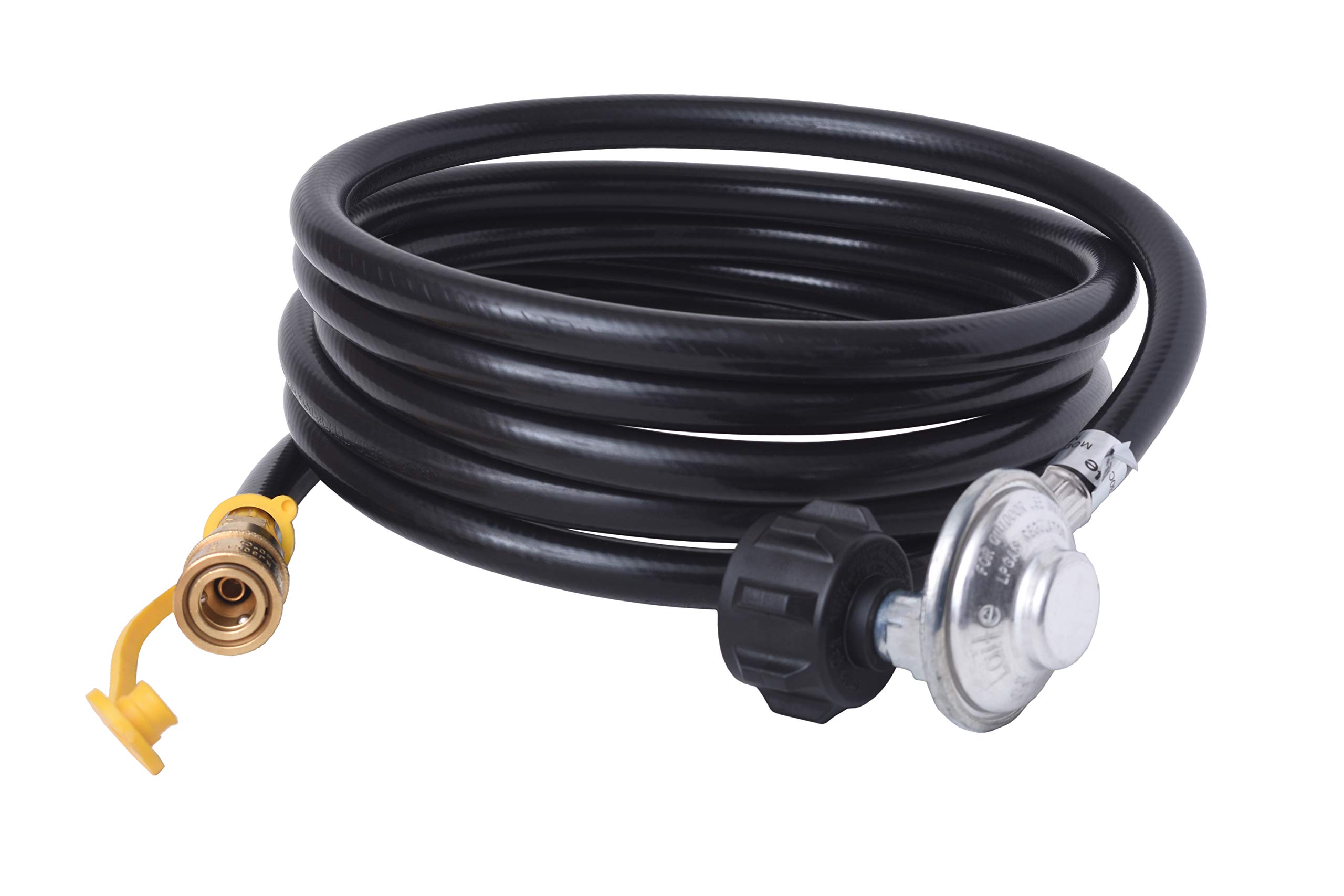 Flame King 90 Degree Low-Pressure Propane Gas Regulator Hose with Quick Connect for RVs, Grills, Heaters, Burners, 12 Feet - LPRH12