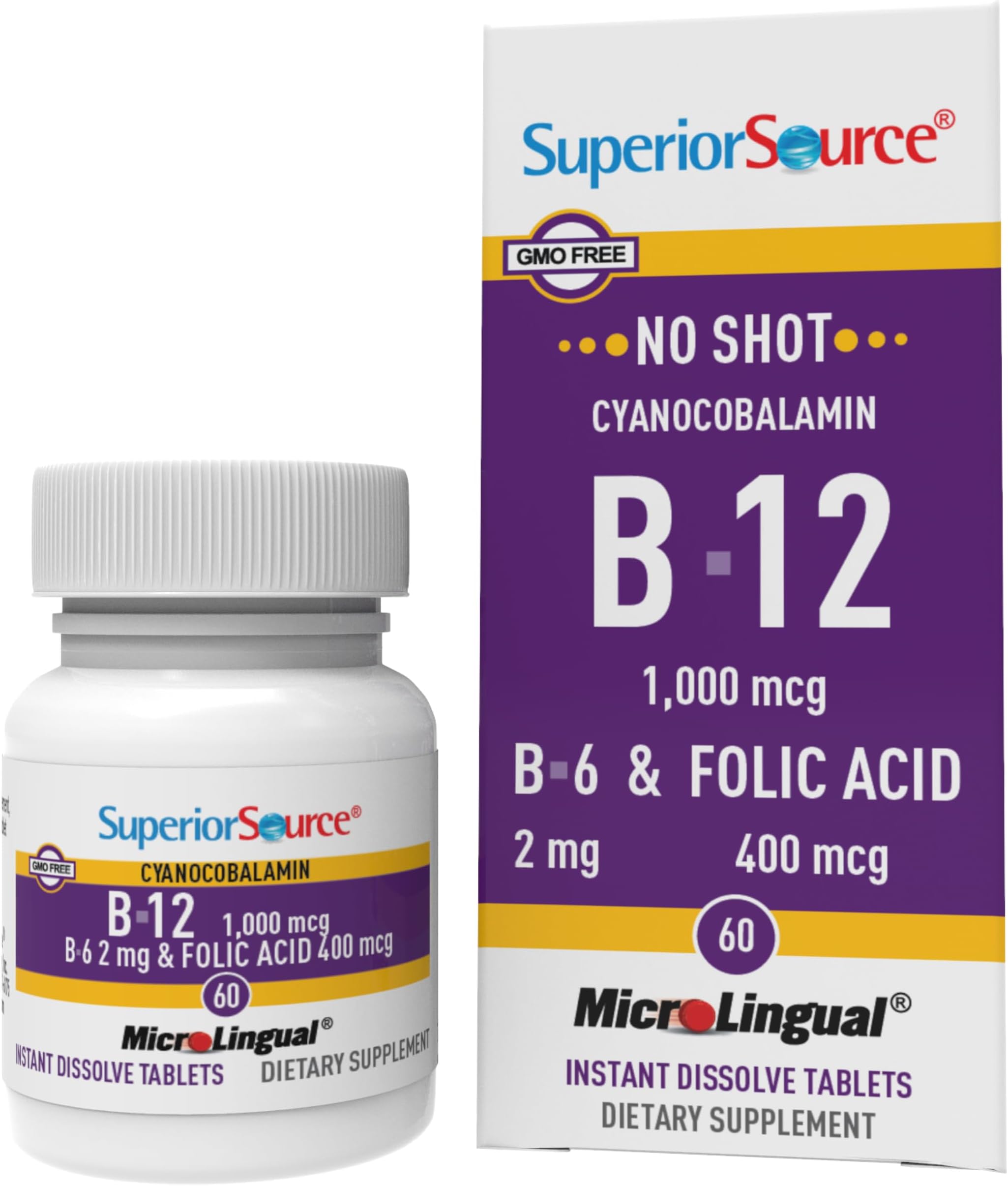 Superior Source No Shot Vitamin B-12 Cyanocobalamin 1000 mcg, B-6, Folic Acid 400 mcg - Support Brain & Heart Health - Aids Natural Energy Levels - 60 Sublingual Dissolving Tablets