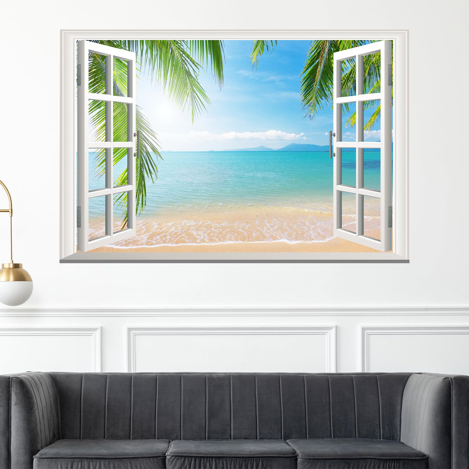 Calcomanía de pared de ventana falsa 3D de paisaje marino, océano azul y palmera, calcomanía de pared de paisaje creativo, calcomanías de pared de vinilo extraíbles para sala de estar, dormitorio,