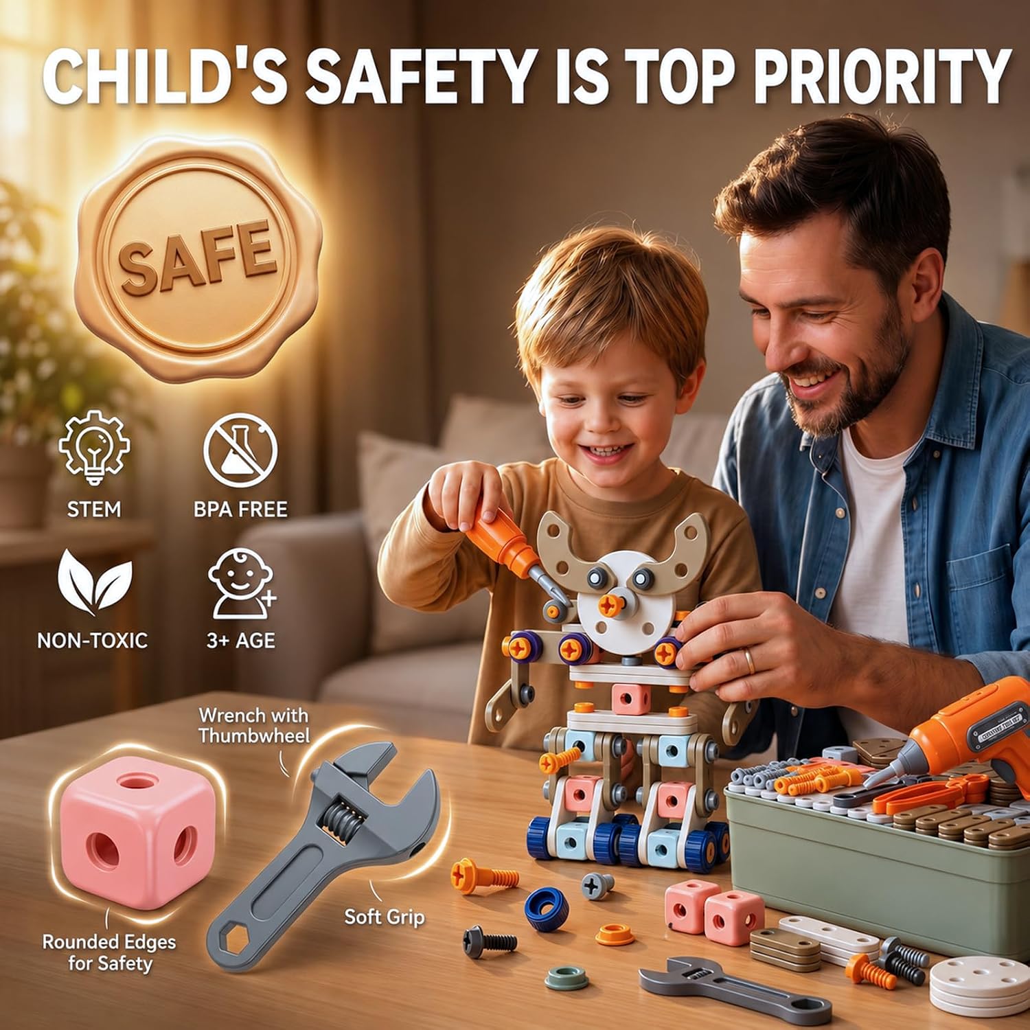 211 Pcs Kids Tool Set for Kids Ages 3-8, STEM Building Toys with Electric Drill & Storage Box, Building & Construction Educational Montessori Birthday Gift for 3 4 5 6 7 8+ Year Old