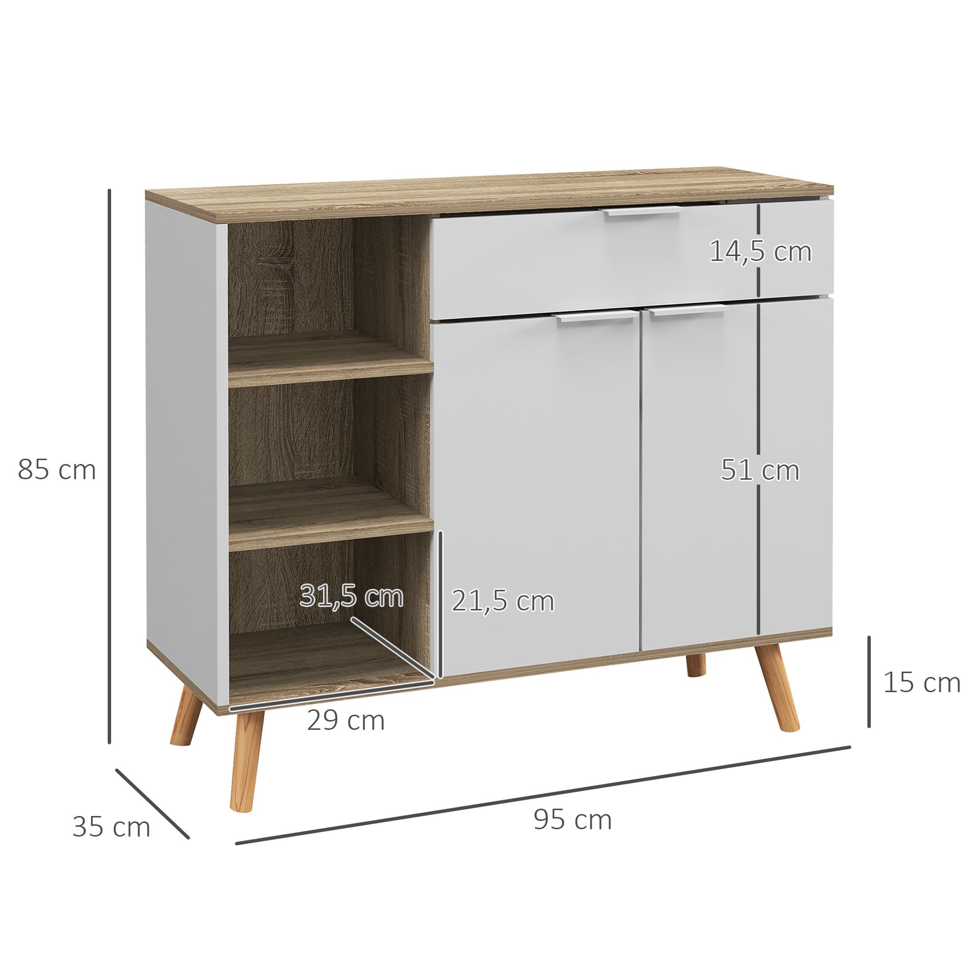 HOMCOM Aparador de Salón Moderno Aparador de Cocina con 1 Cajón 2 Puertas de Cierre Suave y Estantes Ajustables para Comedor Pasillo Dormitorio 95x35x85 cm Blanco y Natural