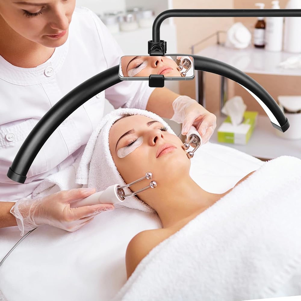 Half Moon Light with Phone Holder - 24 inch LED Lash Lamp for Eyelash Extensions for Tattoo Artists, Nail Tech, Esthetician - Cool, Warm Lamp with Adjustable Brightness & Height (Black)
