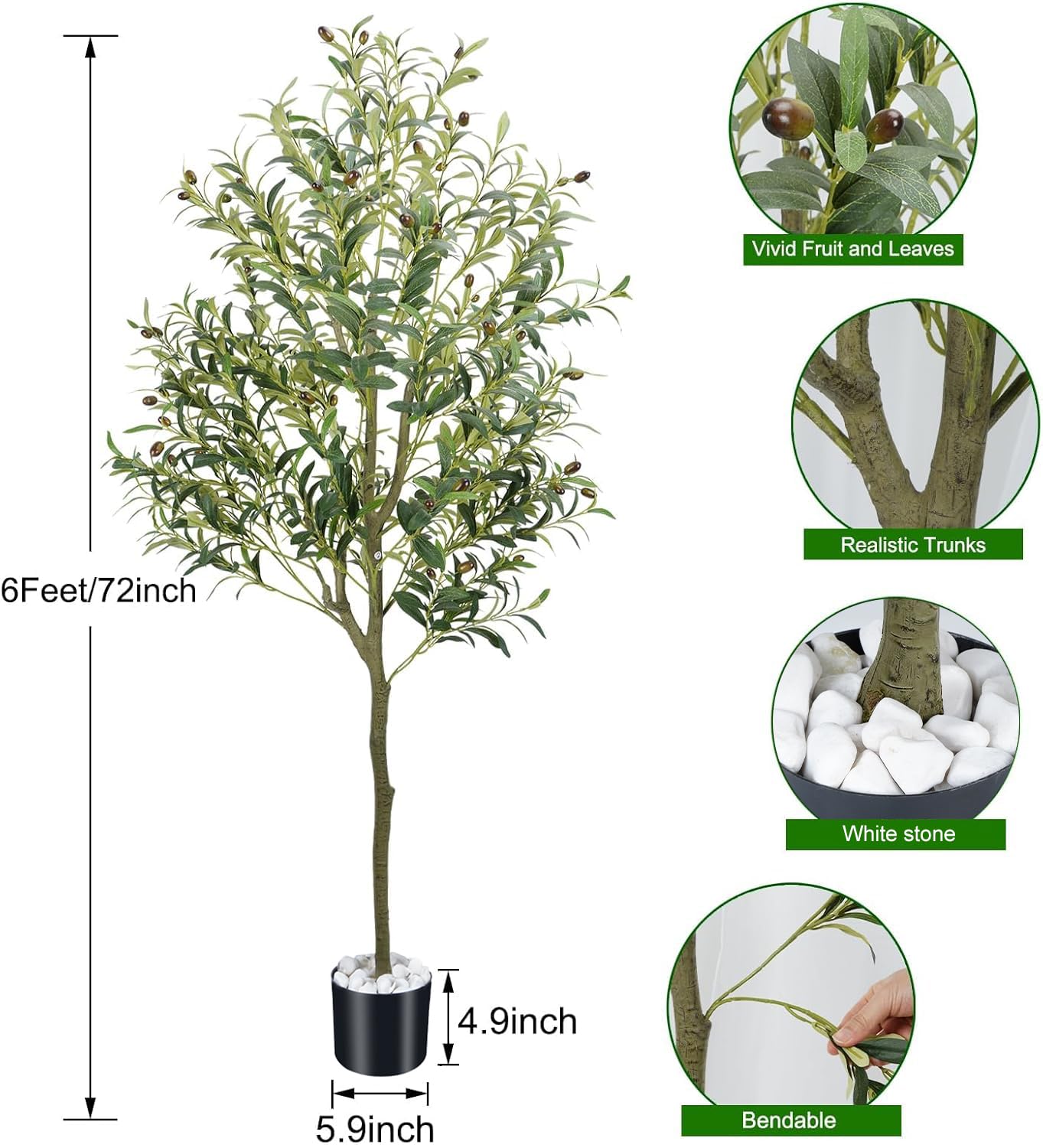 Olivier Artificiel 180 cm Grande Plante Verte Artificielle Faux Arbre Olivier Fausse Plante pour Maison Jardin Balcon Bureau et Décoration Intérieure et Extérieure