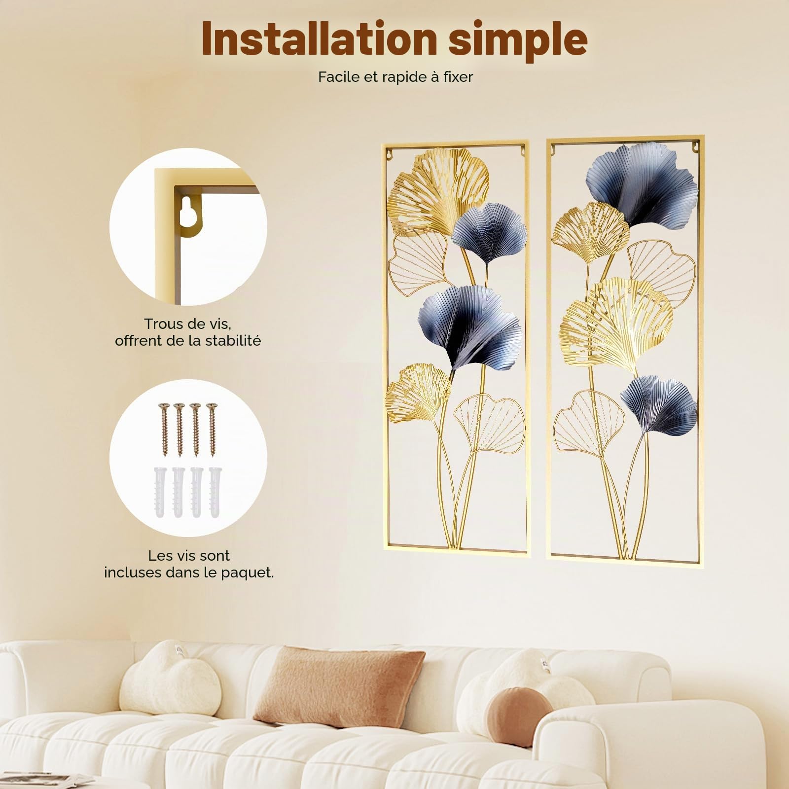 Biggittig Lot de 2 décorations murales 3D en métal - Motif feuilles de ginkgo - Pour la maison, la chambre à coucher, le bureau, etc - Doré - 85 x 31 x 5 cm