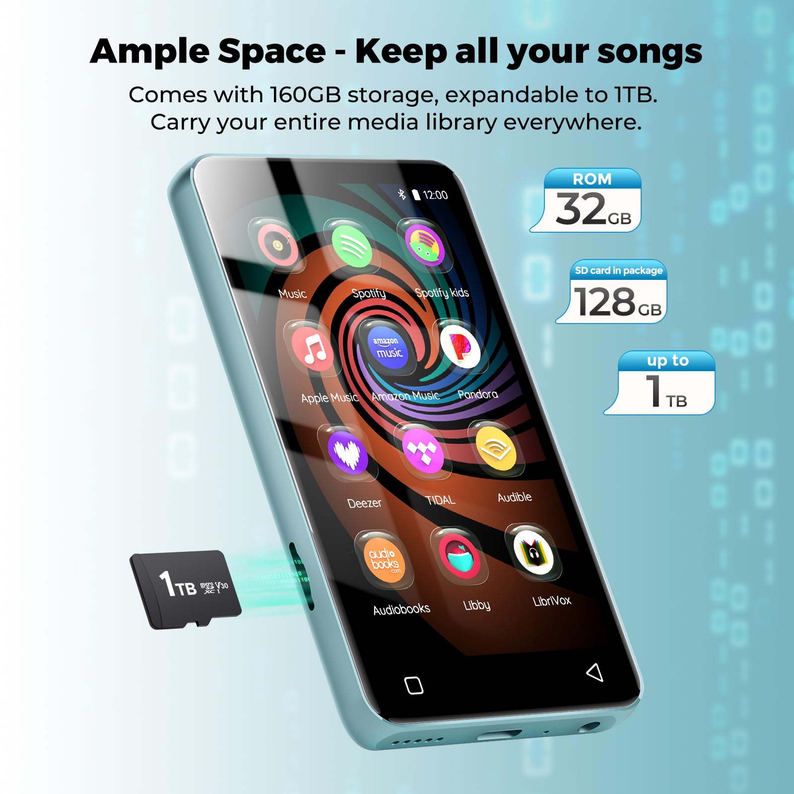 Reproductor MP3 de 160 GB con Bluetooth y WiFi, reproductor de música innioasis con Spotify, Pandora, Amazon Music, pantalla táctil de 4 pulgadas, reproductor de MP4 y MP3 para niños con Libby,