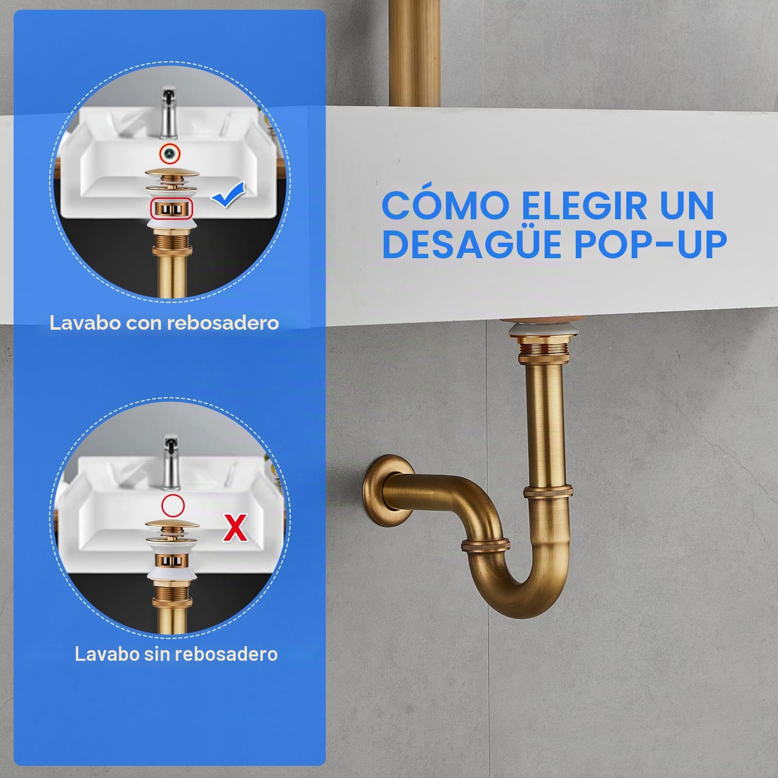 Trampa en P de acero inoxidable y latón con ranuras, 1 1/4 pulgadas x 32 mm, universal para fregadero de baño y lavabo con desbordamiento, trampa de olores ajustable en altura, acabado