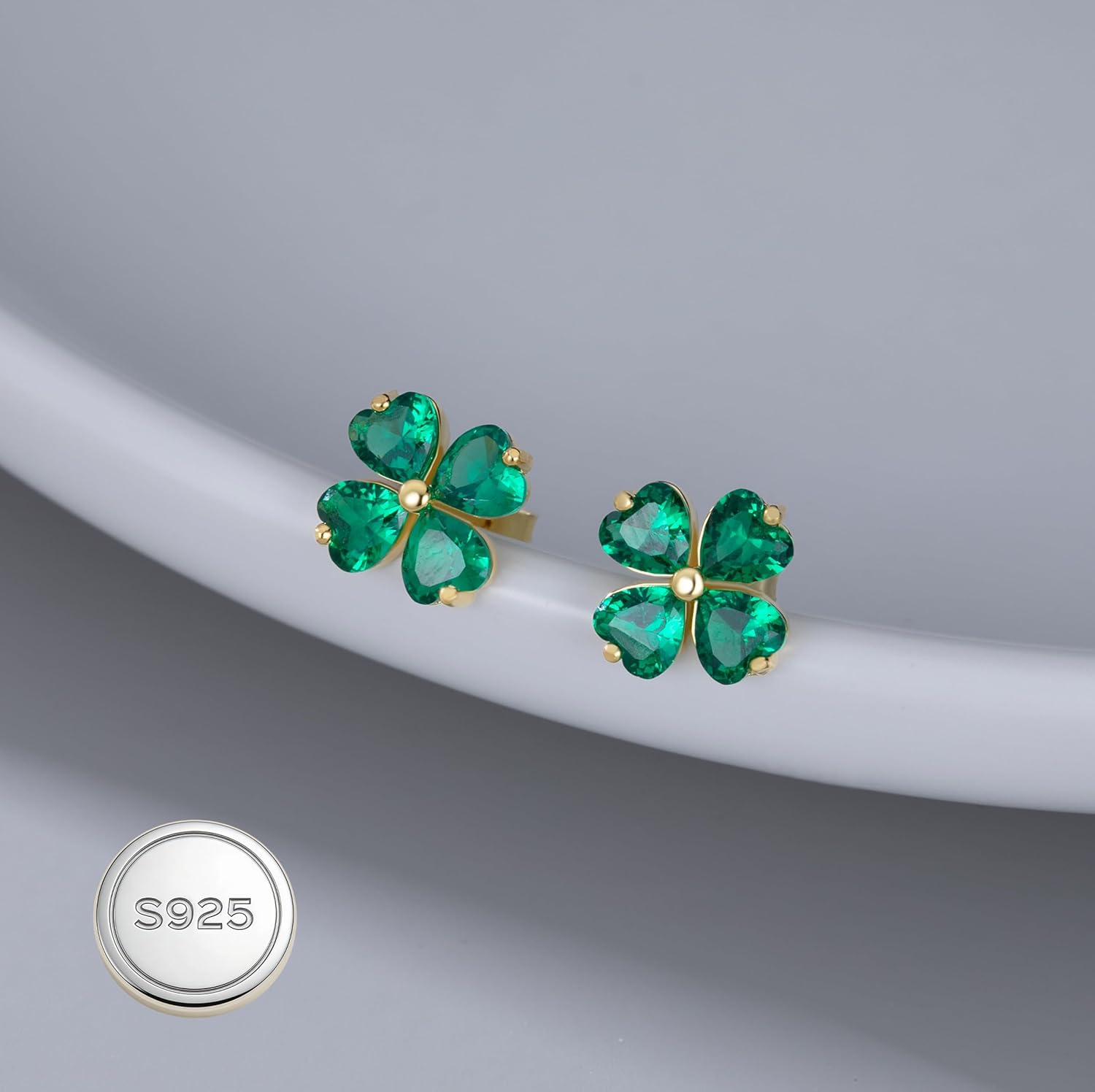 Reffeer Solid 925 Sterling Silver Four Leaves Clover Earrings Studs for Women Teen Girls Heart Cut Green CZ Clover Studs Earrings Leaf