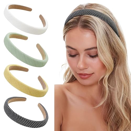 WOVOWOVO Paquete de 4 diademas acolchadas de sarga suave a cuadros, esponja de 1 pulgada de ancho, accesorios antideslizantes para el cabello para