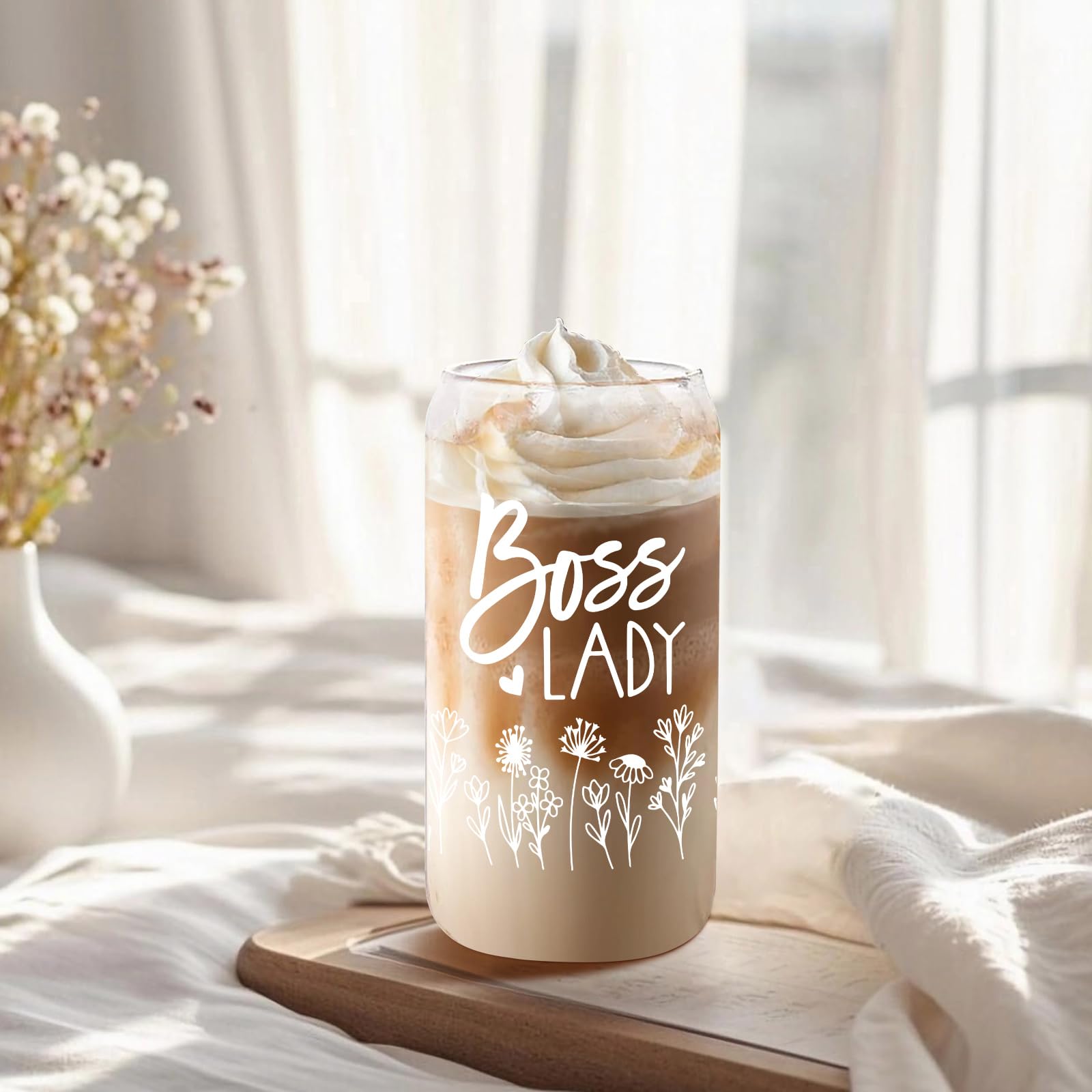 Jutasty Boss Lady Gift, Boss Birthday Gifts Ideas, Best Boss Gifts for Women Boss Leader Manager, Office Farewell Gifts for Boss, Lady Boss Day Gifts, 16oz Coffee Glass Can Cup with Lid and Straw