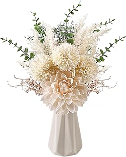 CEWOR Fake Flowers in Ceramic Vase, Artificial Flowers with Ceramic Vase Faux Silk Floral Arrangement Table Centerpieces Decor for Home Office Dining Farmhouse Coffee Table Living Room