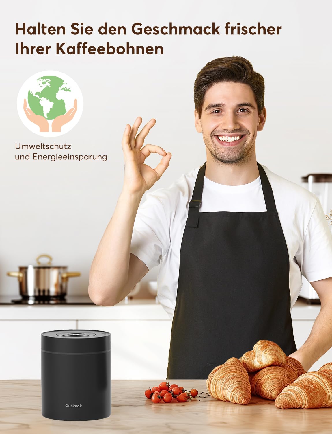 OUTPEAK Neo 2026 Kilo Auto-Vakuum-Kaffeedose, 1,5 l Fassungsvermögen für 500 ml Kaffeebohnen, Ein-Knopf-Bedienung, Edelstahl-Kaffee-Aufbewahrungsbehälter für Barista, Geschenke (groß, mattschwarz)
