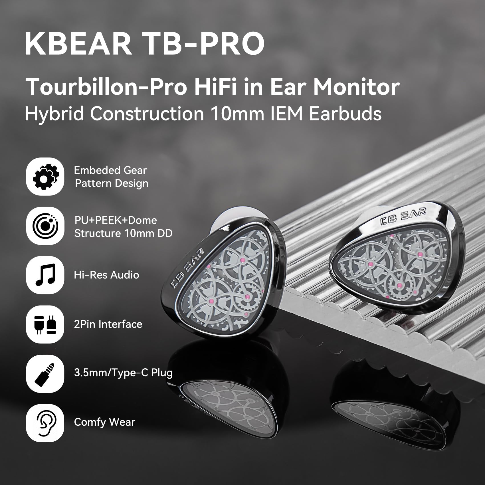 Yinyoo KBEAR TB-Pro IEM Auriculares in Ear con Cable 10mm Dual-Magnetic DD Auriculares Gaming con Micrófono Transductor Diafragma Compuesto PU+Peek+DLC