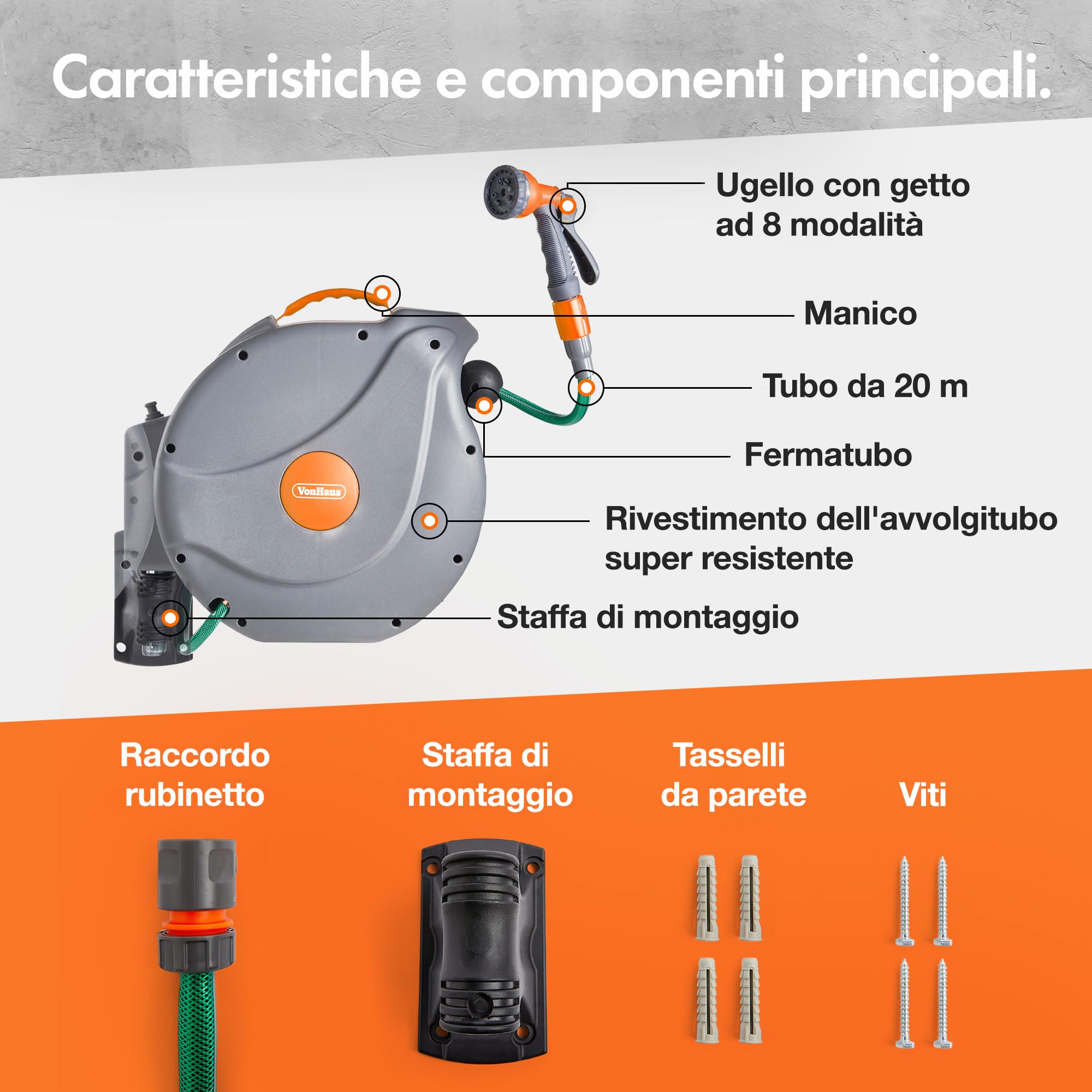Avvolgitubo da Giardino – Tubo Irrigazione con Avvolgitubo da Parete Retrattile, con Blocco e Riavvolgimento Automatici, Elementi di Fissaggio e Pistola a 8 Modalità, Rotazione 180° (20 m)