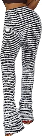 DINGANG Women Fuzzy Flare Stacked Pants, Zebra Black and White Striped High Waist Sweatpant, Knitted Pajama Legging Trendy