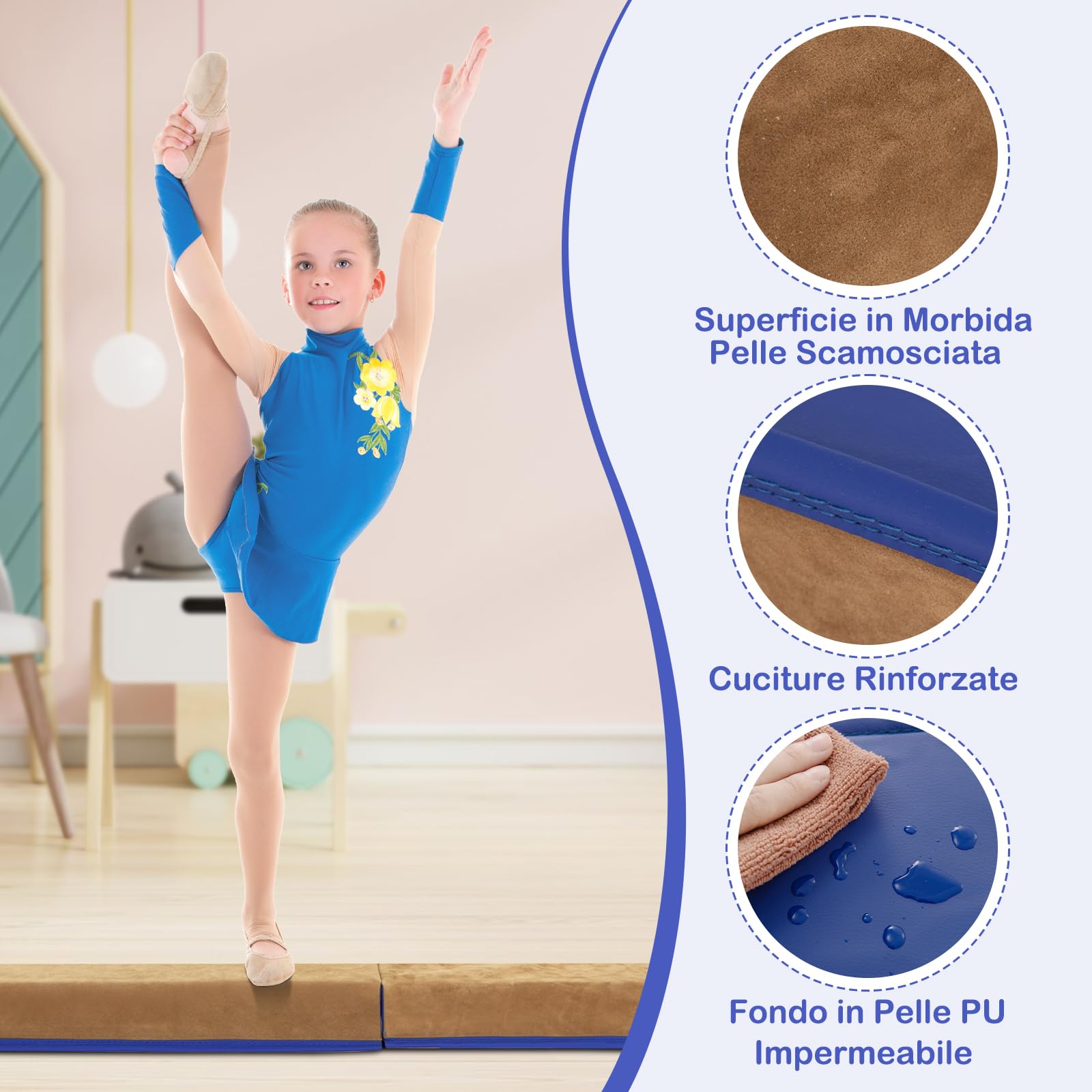 COSTWAY Trave da Ginnastica per Bambini Pieghevole 240 cm, Trave di Equilibrio Portatile conSuperficie in Pelle Scamosciata e Schiuma Morbida, Attrezzatura per Ginnastica a Casa