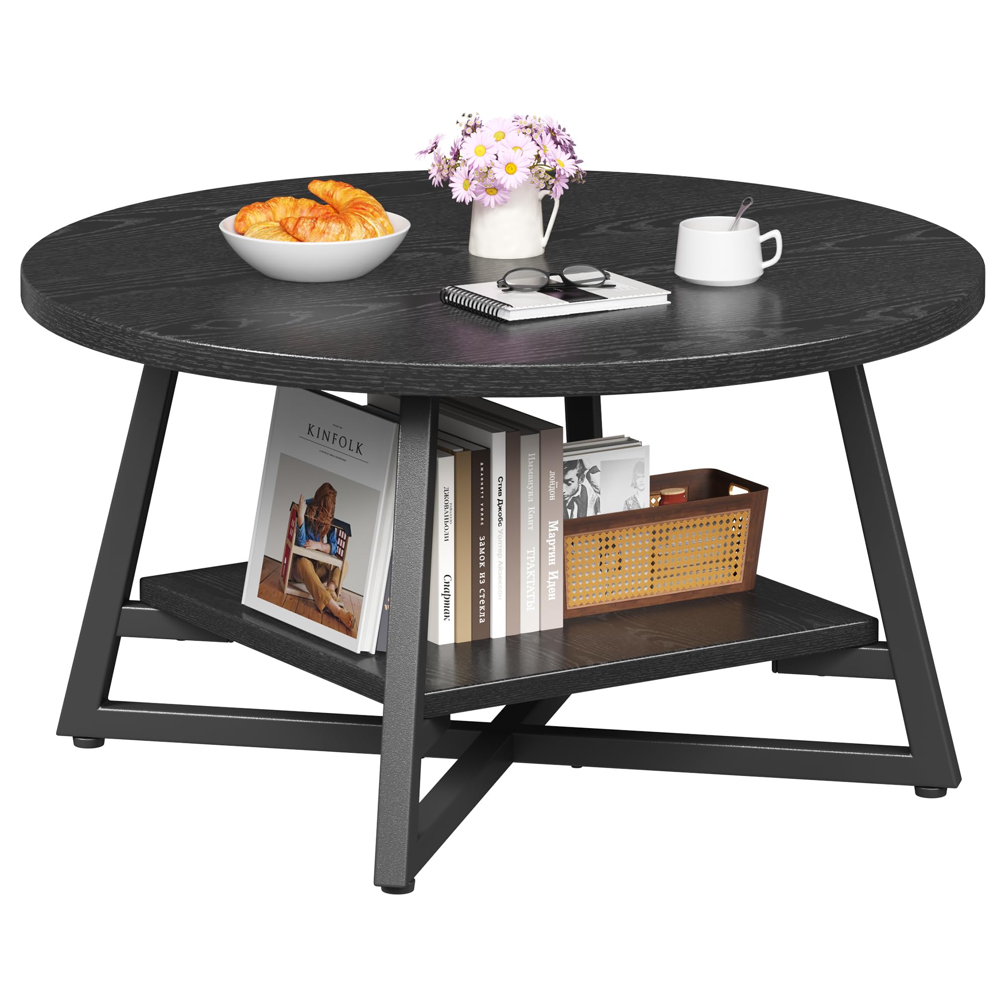 Coffee Table for Living Room, Round Coffee Table, Small Circle Coffee Table with Storage, Modern Wood Round Center Table for Home Office, Small Space,