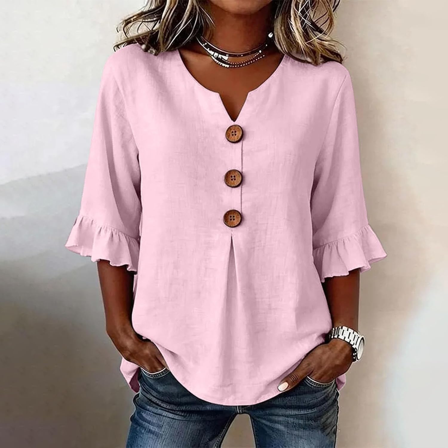 for Women Button Down V Neck 3/4 Sleeve Ruffle Gauze Shirts Lightweight Casual Blouses