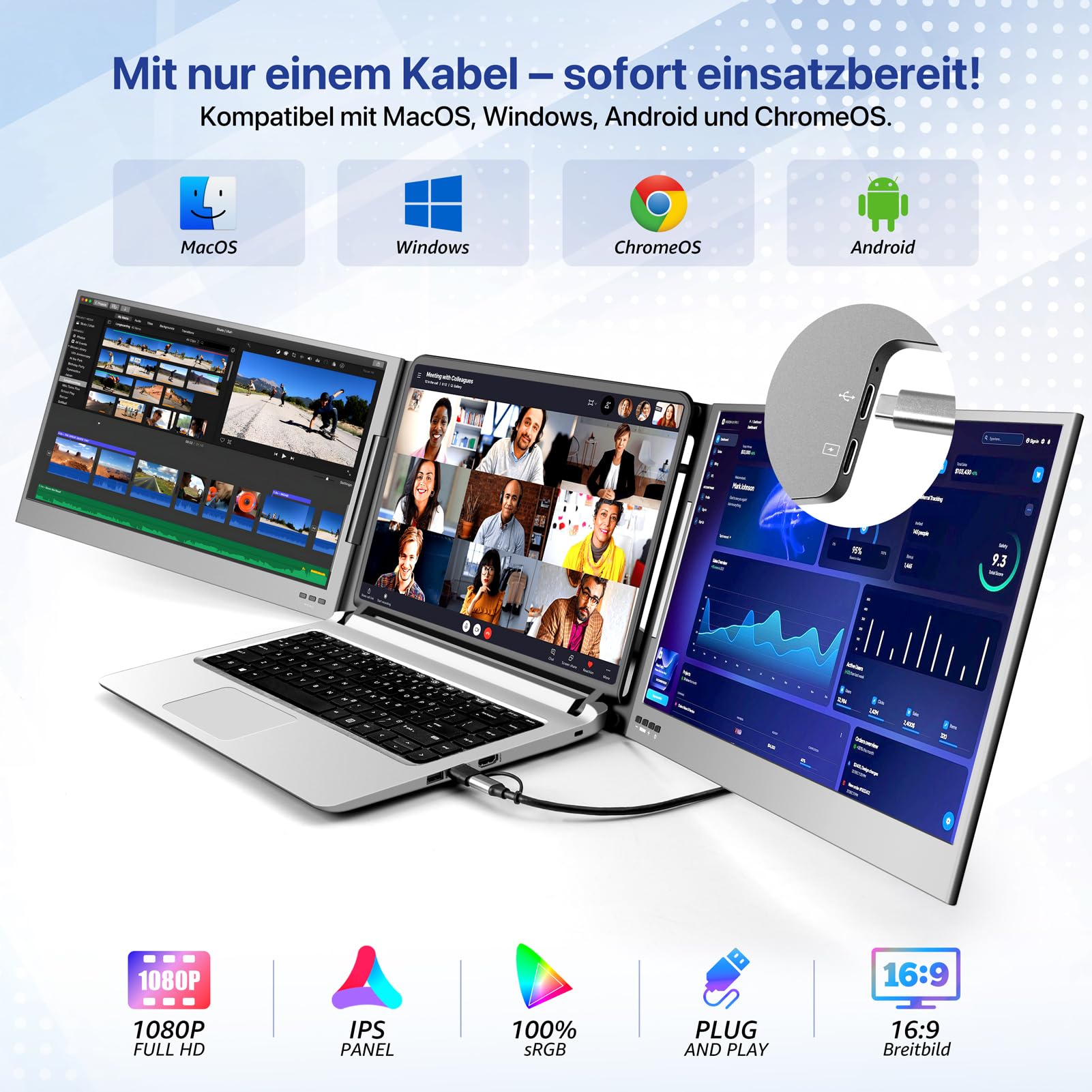ROADOM 15,6" Dual Laptop Monitor, 1080P FHD IPS, Type-C, Aluminiumlegierung | 2-Bildschirm-Erweiterung, 1080P FHD IPS, Type-C & USB-A, 360° Drehbar, Faltbar, Aluminium, Win/Mac/Android/ChromeOS