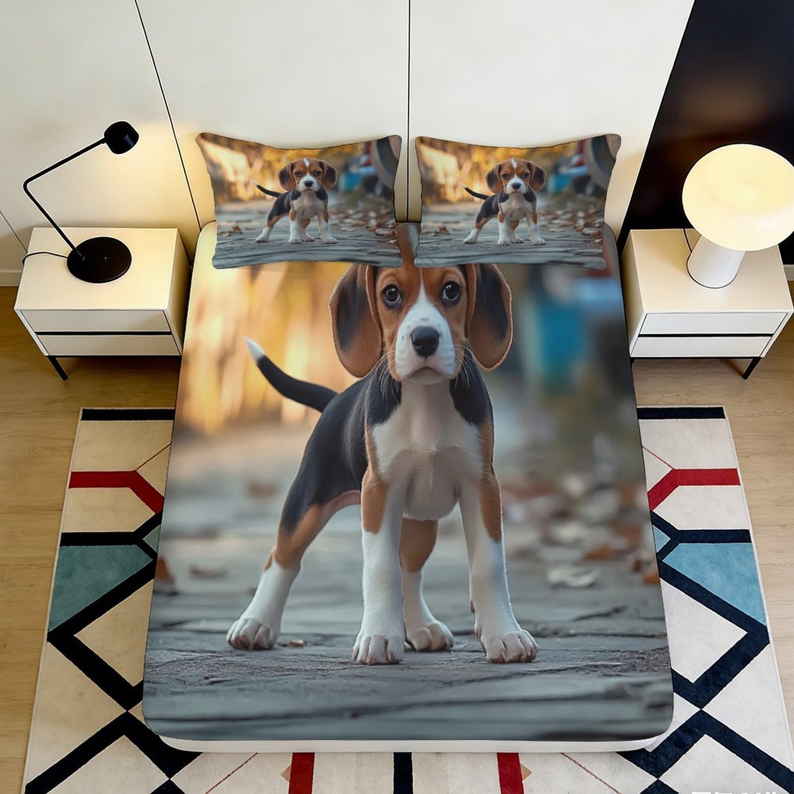 3D Printed Beagle Puppy Fitted Sheet Microfiber Soft Non-slip Dog Bed Cover for Bedroom Dorm Mattress Decor, Easy Care 90x200x25cm