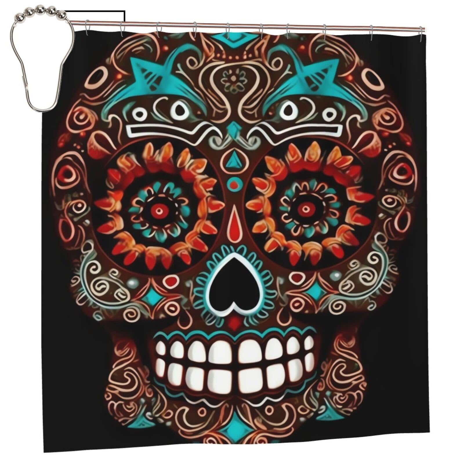 FodPand Sugar Skulls Day of the Dead Shower Curtain 70"x70" Waterproof Long Bathroom Curtain Heavy Duty Thick Cloth Bath Curtain Set with Hooks, Modern Abstract Art Pattern Bathroom Shower Curtains