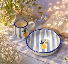 Ceramic Breakfast Set | Bowl & Coffee Mug Combo | Cute Aesthetic Tableware Set for Breakfast, Snacks & Beverages | Microwave & Dishwasher Safe (Blue Stripe)