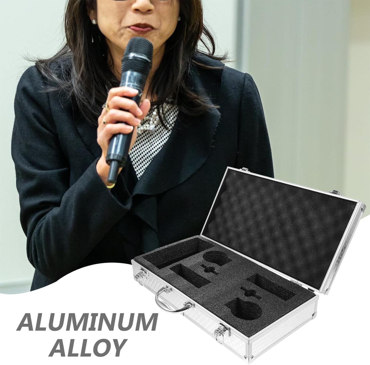 Aluminum Wireless Microphone Case Hard Carrying Briefcase 2 Slots for KTV Mic Storage Metal Briefcase for Travel and Protection