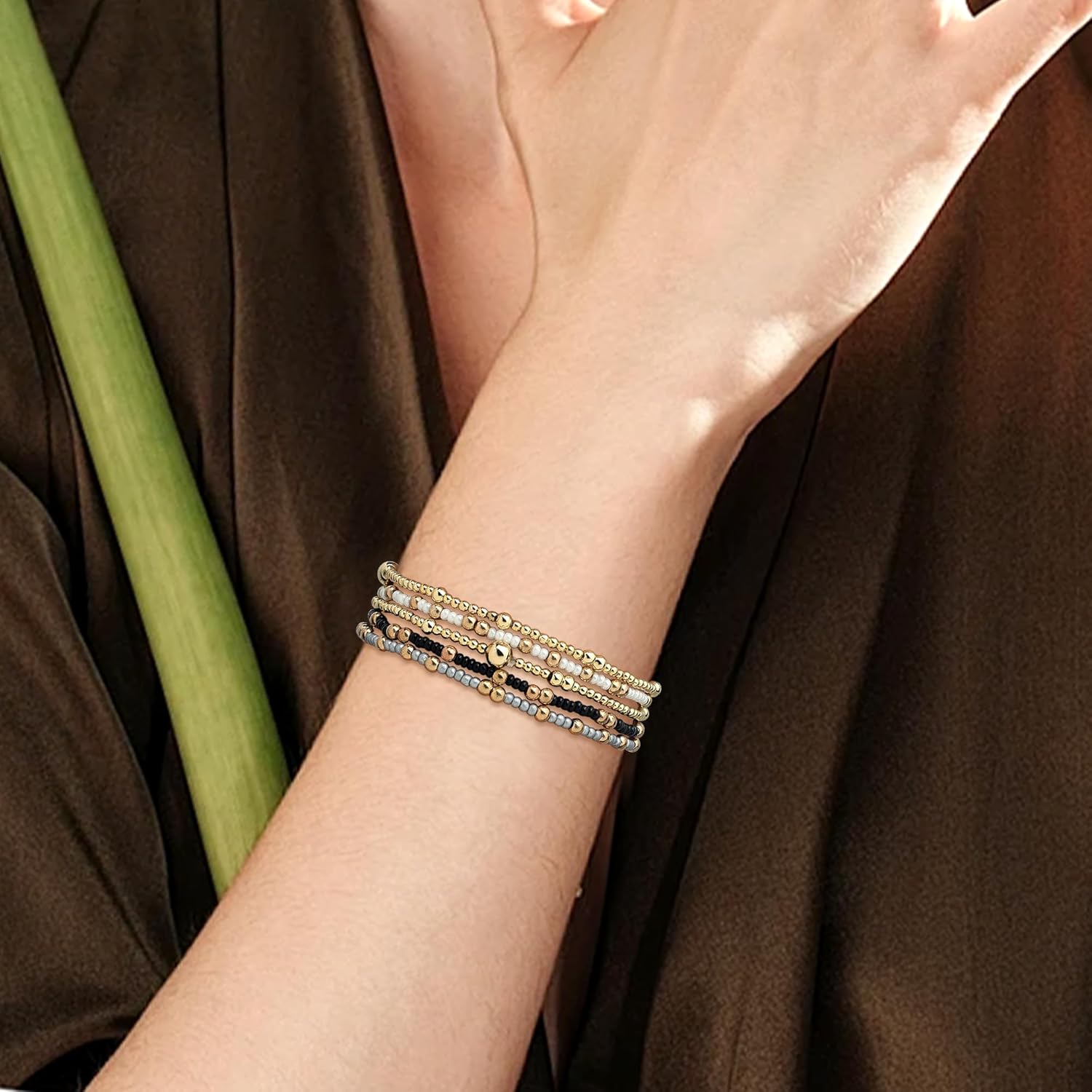 Gold Beads Stack Bracelets Set for Women, Trendy Boho Handmade Black White Gray Beaded Stackable Stretch Bracelet Prom Jewelry Gift. - Image 2