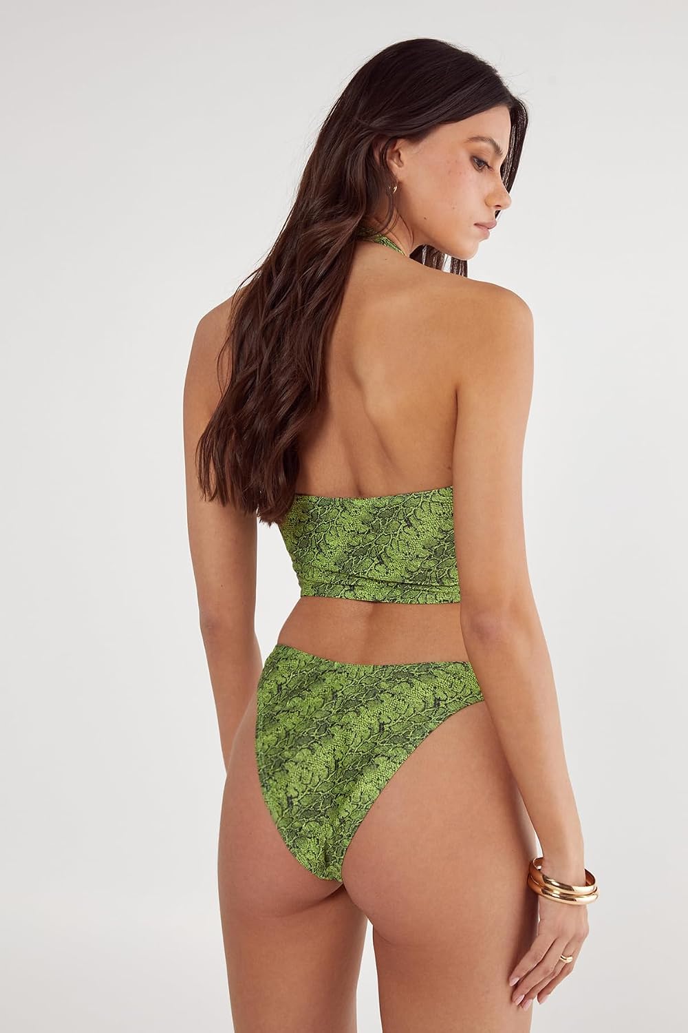 Nasty Gal Women's Snake Print Halter Neck Ruched Longline Bikini Set