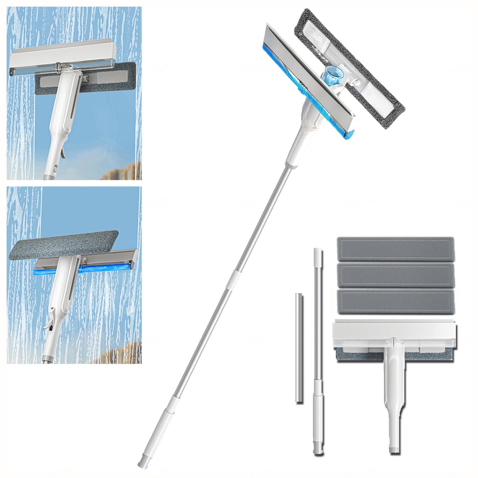 4 en 1 Spray Limpiador De Cristales con Colector De Aguas Residuales Y 3 Paños Microfibra, Limpia Cristales con Varilla De Extensión para Ventanas Altas Interiores/Exteriores