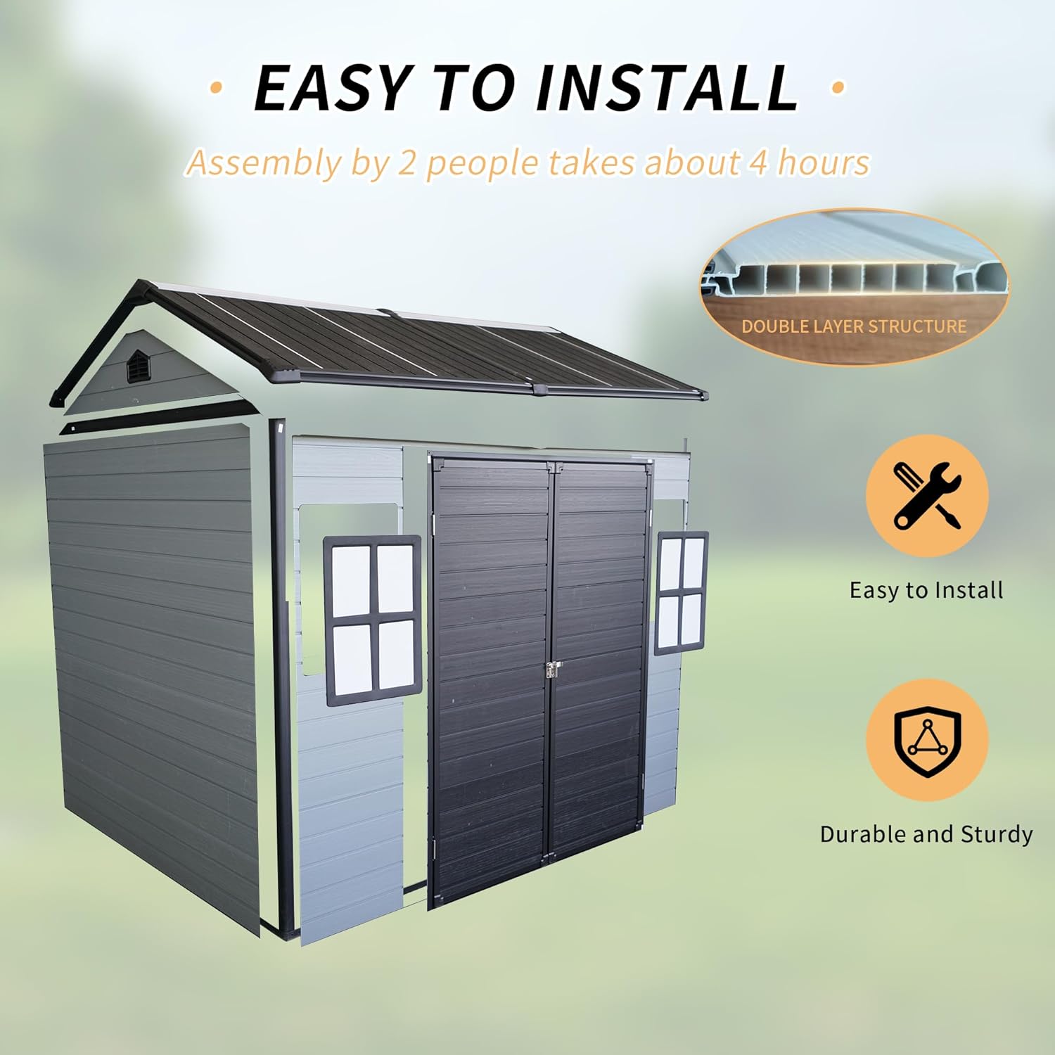 LANTRO JS Outdoor Storage Shed, 8x6FT Plastic Storage Shed with 2 Windows and Lockable Door for Garden Tools, Bike, Lawnmower, Grey and Black