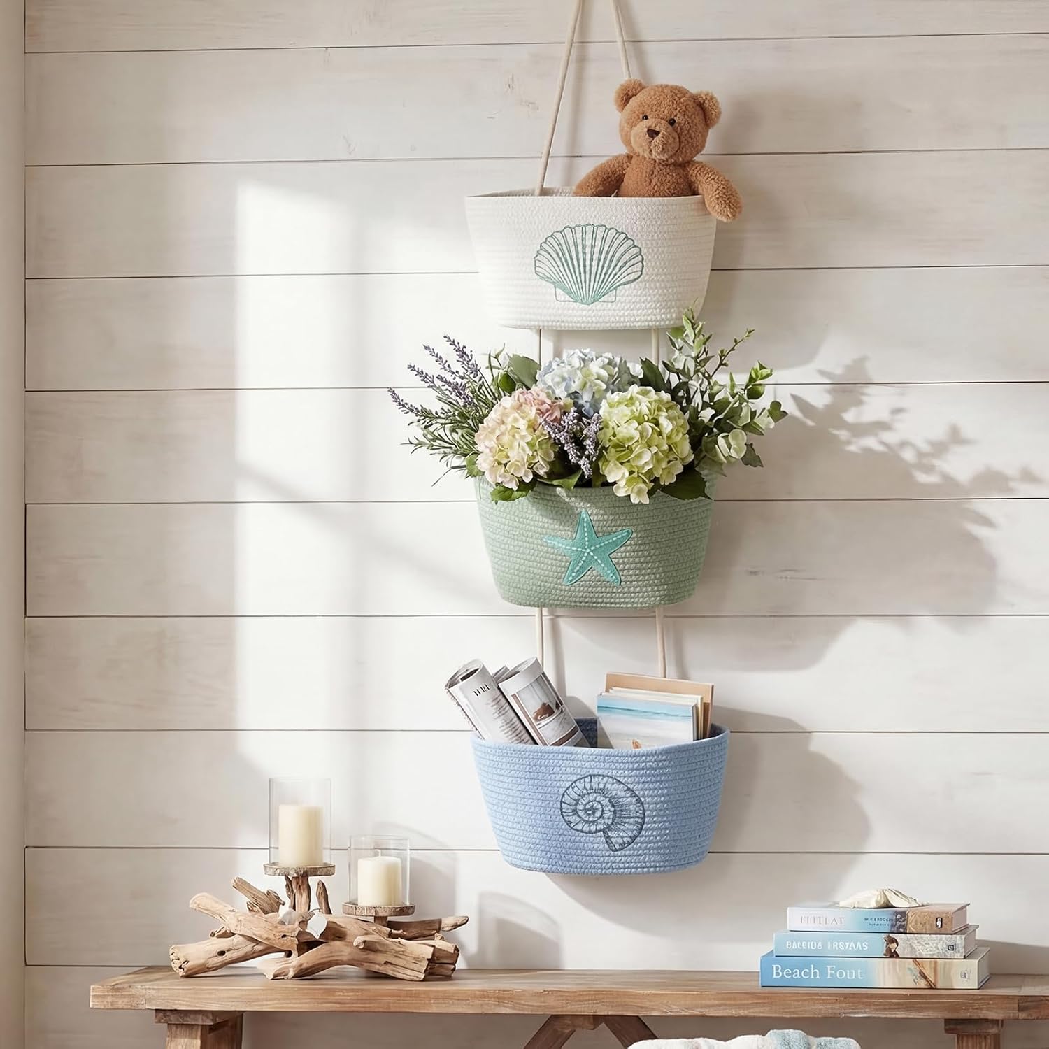 Hushee 3-Tier Over the Door Hanging Baskets Coastal Woven Cotton Wall Mounted Storage Baskets Decorative Starfish Seashell Scallop Cotton Rope Organizer for Kitchen Bathroom Living Room Decor