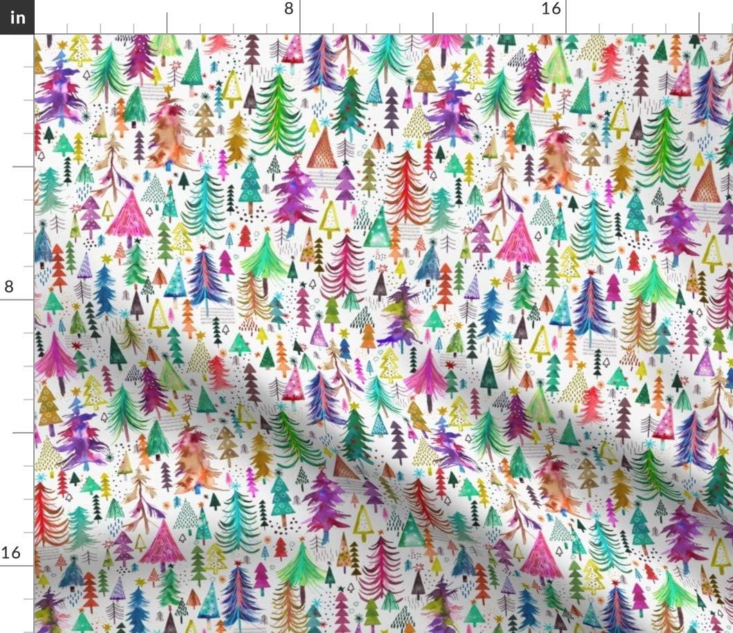 Spoonflower Fabric - Woodland Trees Winter Christmas Colorful Fun Multicolored Watercolor Printed on Petal Signature Cotton Fabric by The Yard - Sewing Quilting Apparel Crafts Decor