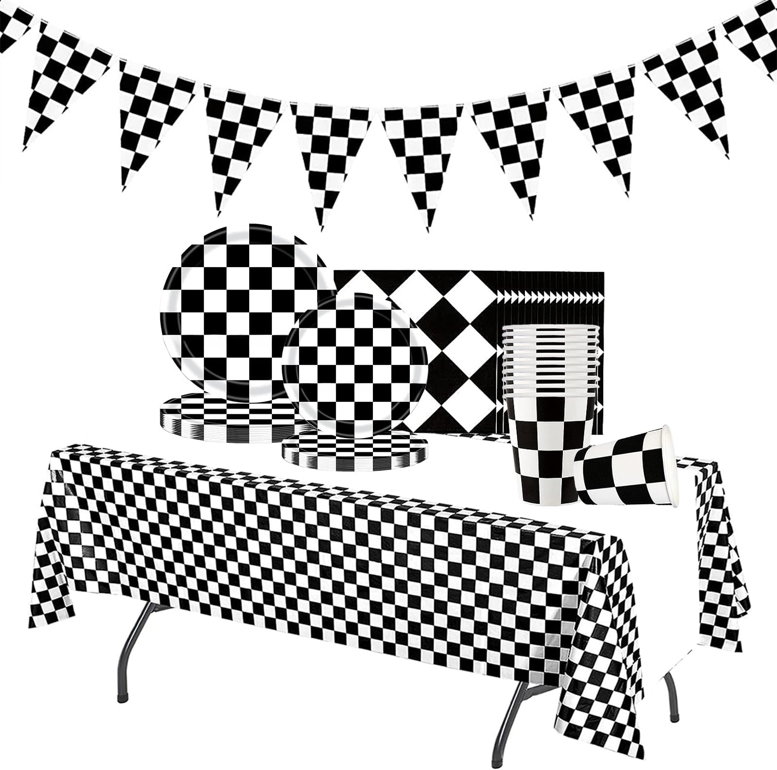 Racing Car Party Tableware Set, 52 Pieces Black and White Checked Table Decoration Paper Plates Cups, Napkins, Tablecloth and Black and White Checked Flag Set for Birthday Racing Car Theme Party
