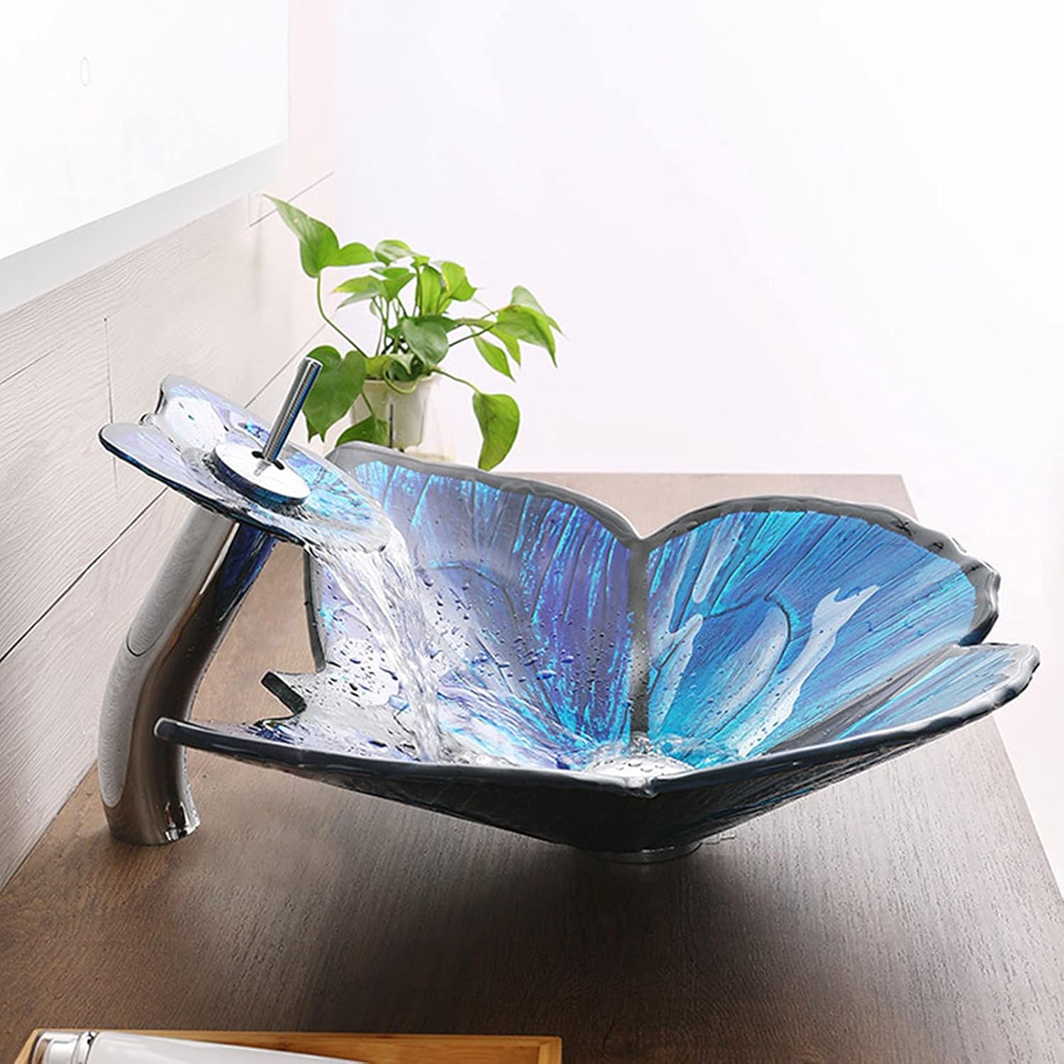 MBROS Bathroom Butterfly Shaped Artistic Vessel Sink, Bathroom Tempered Glass Vessel Sink, Bathroom Above Counter Vessel Vanity Sink,red 5 Accessories