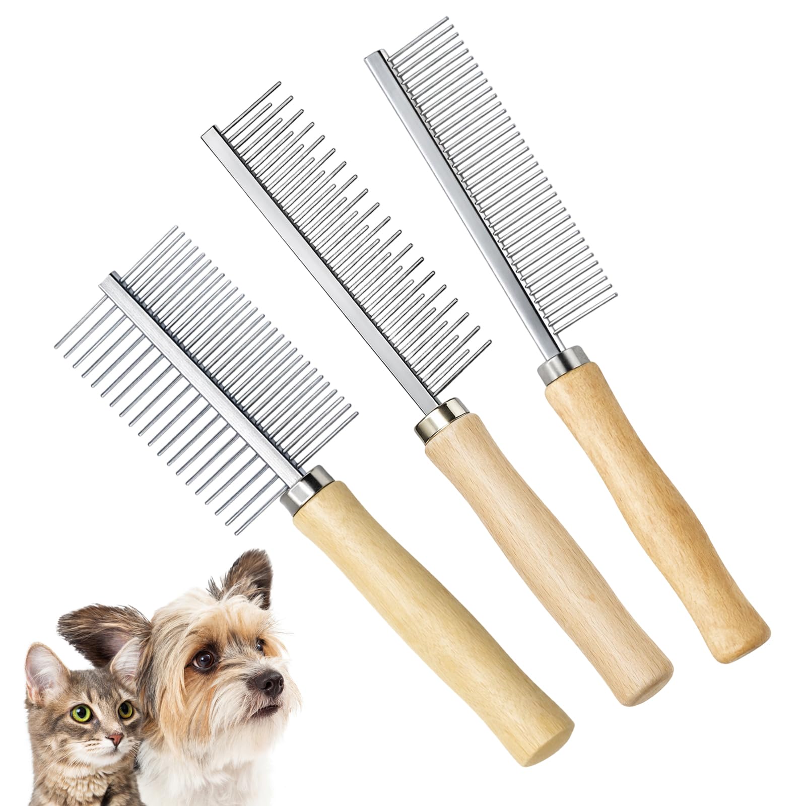 Hundekamm Katzenkamm Unterwolle, Professionelles 3-teiliges Haarpflegeset, Metallkämme mit Holzgriff für mittellanges bis langes Fell, Effektives Entwirren von verfilztem Haar
