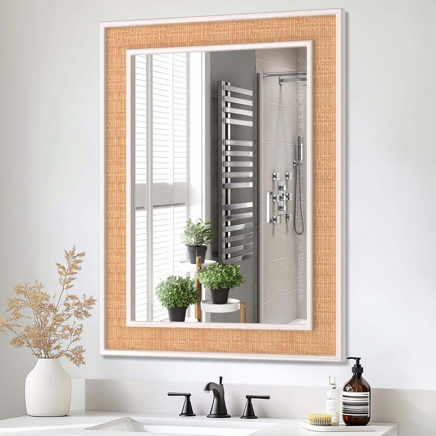 Rattan Wall Mirror with White Wooden Framed 24 X 32 inch Farmhouse Rectangle Wood Mirror for Modern Decorative Bathroom, Living Room, Entryway, Bedroom White 24 x 32 IN