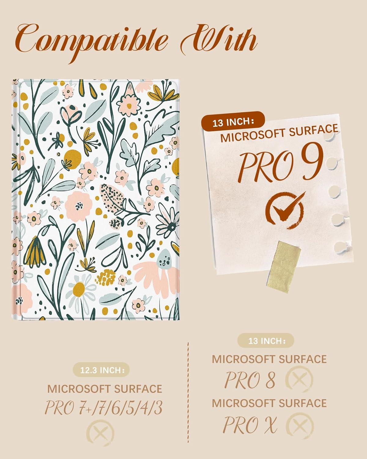 Wazzasoft for Microsoft Surface Pro 9 Case 13 Inch 2022 for Women Cute Girls Folio Cover Girly Flower White Protection Compatible with Type Cover Keyboard for Windows Surface Pro 9 Case 13" Tablet